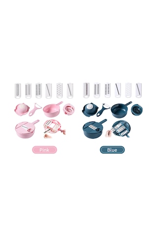 Neevoyu Mavi Çok İşlevli Kalın Dairesel Süzgeçli Sebze Dilimleyici 6 Bıçak/12 Fonksiyon - Paslanmaz Çelik Bıçaklar, Eldiven, Süzgeç Sepetiyle Mavi