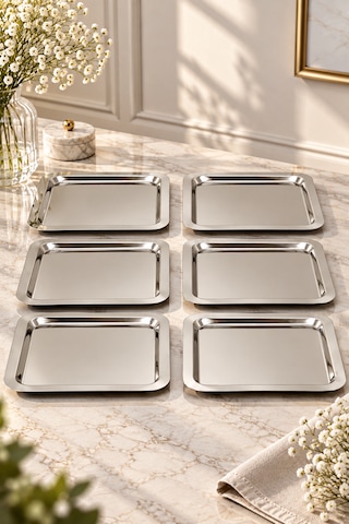 6 Lı Paslanmaz Metal Kahve Sunum Servis Tepsisi Tepsi 22cm Gümüş