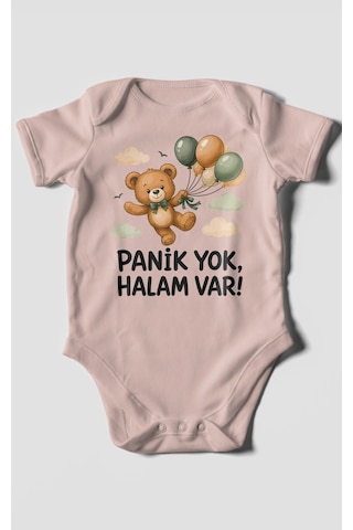 Morivokids Panik Yok, Halam Var Kısa Kollu Bebek Body %100 Pamuk Pastel Pembe