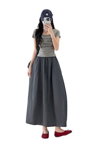 Zayıflatıcı Yüksek Bel İş Kıyafeti Patchwork Çiçek Tomurcuğu Etek Koyu Gri