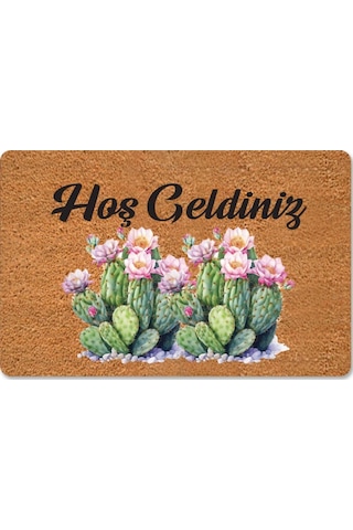 Renkli Kaktüsler Temalı Coco Görünümlü Dekoratif Kapı Önü Ve Iç Mekan Paspası Yıkanabilir Nem Alıcı Bej