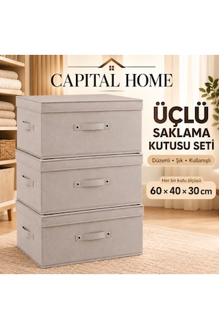 Capital Home 3'lü Set Çok Amaçlı Düzenleyici Hurç + Saklama Kutusu +kapaklı Büyük Boy 60 X 40 X 30 Cm Cappuccino