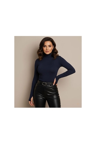 Unika Boutique Uzun Kol Dik Yaka Parmak Geçmeli Body T-shirt Lacivert