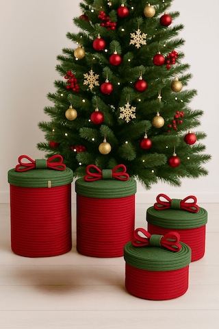 Mavaux Christmas 4 Lü Jüt Halatlı Dekoratif Hediye Sepeti Seti Kırmızı Yeşil Noel Sepeti Çok Renkli 4'lü