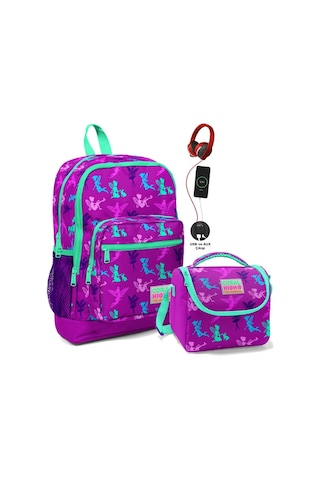 Coral High Okul Çantası Ve Beslenme Çantası Seti - Kız Çocuk Mor Peri - Usb Soketli