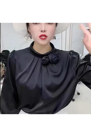 Zarif Ofis Kadın Çiçek Dekorasyon Saten Bluz Şifon Gömlek Kadın Üstleri Sonbahar Standı Yaka Uzun Kollu Elbise 23174 Siyah