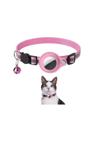 Etashop Airtag Uyumlu Reflektif Kedi Tasması Zilli Ayarlanabilir Kedi Boyun Tasması 22-32 Cm Pembe