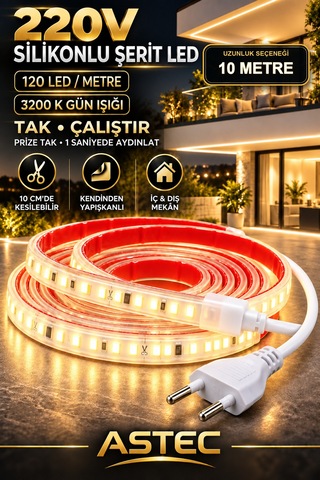 Astec Yapışkanlı 10 Metre Gün Işığı 220v Silikonlu Şerit Led Yüksek Güç Tak Çalıştır İç Dış Mekân Su Geçirmez Günişiği