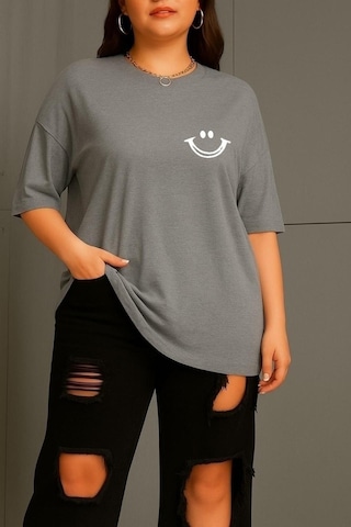Büyük Beden Gülücük Baskılı Unisex Tişört Gri