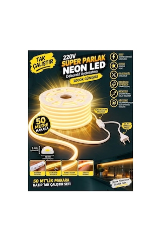 50 Metre 3000k Günışığı 220v Neon Led Şerit ,tak Çalıştır Set, Fişli Anahtarlı Esnek Şerit Led, ,turuncu Led,mutfak,tezgah Ledi,led Şerit Işık ,ambiyans Işık Havuzu, Kendinden Yapışkanlı,günışığı Led