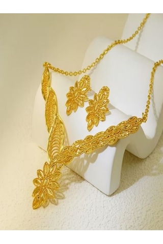 24k Altın Kaplama Çiçekli Etnik Kolye Ve Küpe Takı Seti Altın