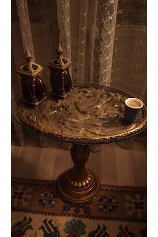 Mitolojik Figürlü Oval Polyester Döküm Sehpa İkili Set Antik - Bakır