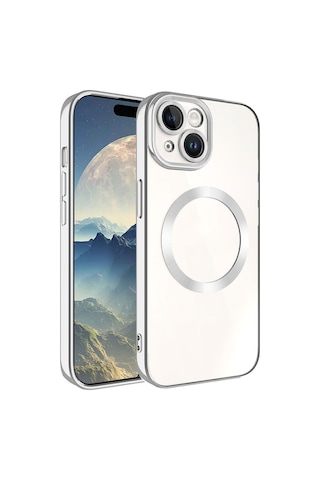 Apple Uyumlu iPhone 15 Plus Kılıf M-safe Wireless Şarj Özellikli Zore Setro Silikon Gümüş