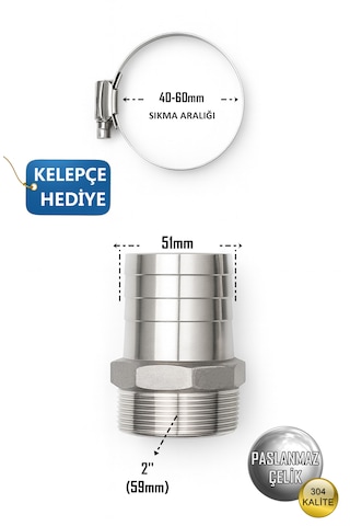 Paslanmaz Hortum Rekoru - 2inç Rekor + Kelepçe Set - Krom Çelik Hortum Ucu - 304 Kalite 2''