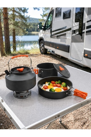 Kompakt Kamp Yemek Seti Alüminyum Tencere Tava Çaydanlık Taşıma Fileli Outdoor Set Açık Lacivert