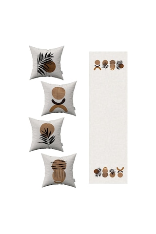 Kahverengi Siyah Bohem Tarz Yaprak Desenli 4'lü Kırlent Kılıfı 1 Runner Seti 4kmbs113-rs