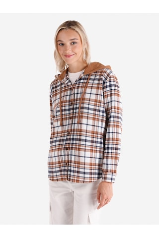 Colin's Colins Regular Fit Kapüşonlu Kareli Kahverengi Kadın Uzun Kol Gömlek Cl1066426 Camel