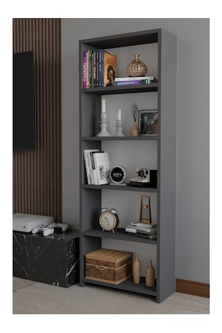 5 Raflı Kitaplık Dekoratif Çok Amaçlı Düzenleyici Raf 150 Cm Salon Çalışma Odası Raf Antrasit