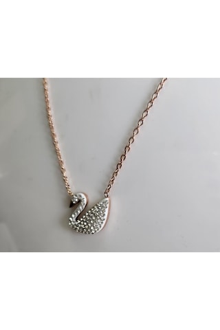 Uzel Çelik Zirkon Beyaz Taşlı Kuğu Kolye Rose Zincir Beyaz