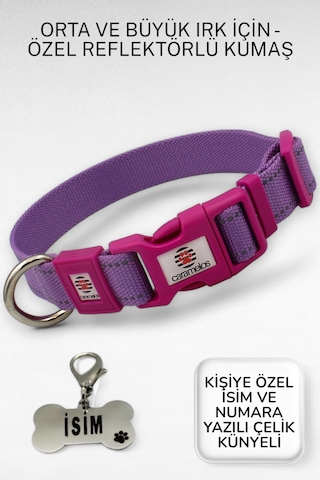 Caramelos Reflektörlü Köpek Tasması, Kişiye Özel Köpek Tasması. Büyük Ive Orta Irk Köpek Tasması Ll Lila