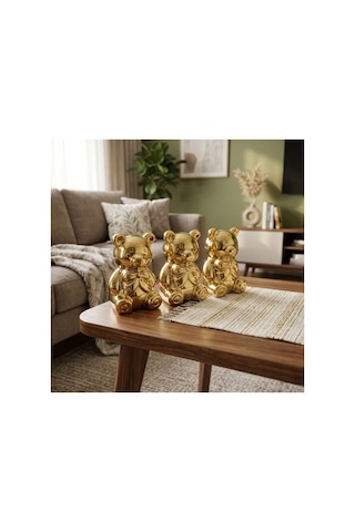 2 Adet Ayı Biblo Fiyonk Detaylı Seramik Dekoratif Obje, Oturan Figür, Parlak Gold, Büyük Boy, Decorative Figurine