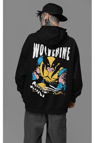Sevbano Wolverine Karakter Baskılı Unisex Oversize Hoodie Siyah