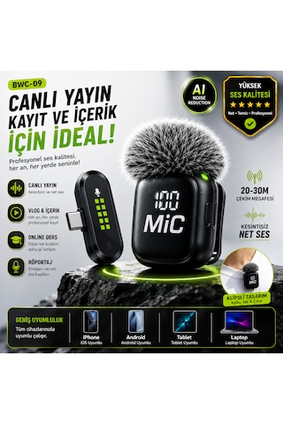 Bwc-09 Çiftli Kablosuz Yaka Mikrofonu Type-c Alıcılı Dijital Ekranlı Aı Gürültü Engelleme 20-30 Metre
