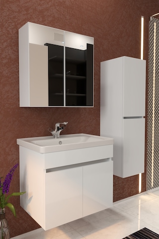 Makbulce Tokyo Havlu Dolaplı 65cm Seramik Lavabolu Mdf Aynalı Banyo Dolabı Beyaz