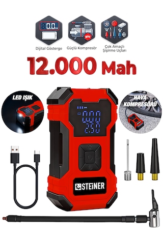 Steiner 12.000 Mah Dijital Ekranlı Kablosuz Lastik Hava Pompası Şarjlı Hava Kompresörü Powerbank Led Işık Kırmızı