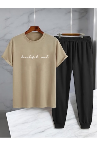 Uyguntarz Unisex Beatiful Soul Tasarım Basklı Tshirt Eşofman Takımı Bej
