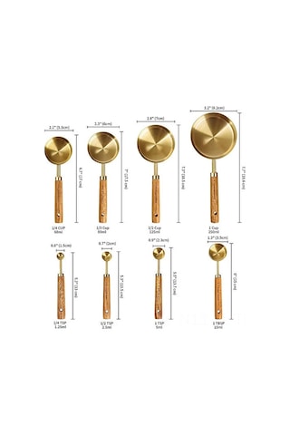 Lemestar 8'li Paslanmaz Çelik Ahşap Saplı Ölçüm Seti - Kuru/sıvı İçerikler İçin Metrik/amerikan Ölçüleri, Pastane Ve Fırın İşleri İçin Diğer