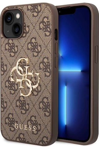 Apple Uyumlu iPhone 14 Kılıf Guess Pu Deri Büyük Metal Logo Dizaynlı Kapak Gri