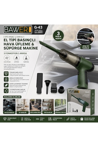 Bawer G-43 El Tipi Basınçlı Hava Üfleme Ve Süpürge Makine 3 Başlık Sarjlı Oto Araç