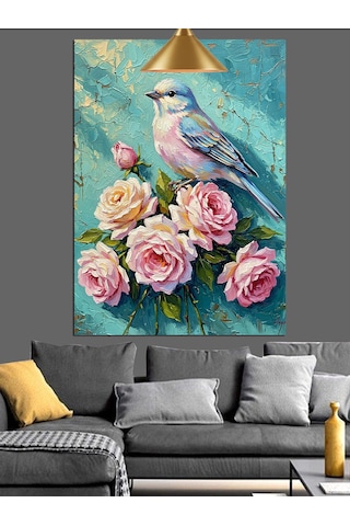 Beyaz Güvercin Pembe Gül Çiçeği Dekoratif Kanvas - Mdf Ahşap Tablo