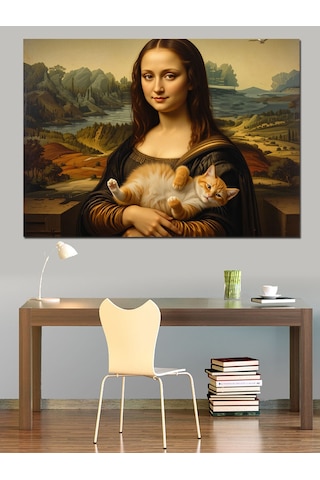 Kedi Tutan Mona Lisa Versiyonu Dekoratif Kanvas - Mdf Ahşap Tablo