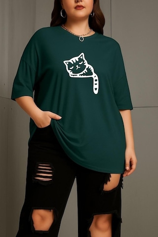 Büyük Beden Çizgili Uykusuz Kedi Baskılı Unisex Tişört Yeşil
