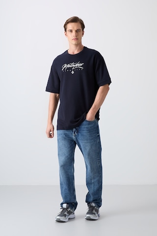 Tommy Life Lacivert Pamuklu Kalın Yumuşak Dokulu Oversize Fit Baskılı Erkek T-shirt - 88320 Lacivert