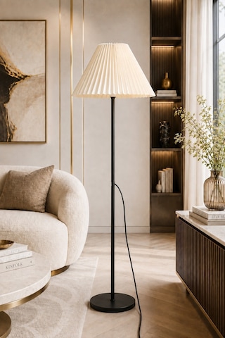 Umbrella Lambader Siyah Metal Tek Ayaklı Lamba Krem Modern Kırma Kumaş Başlık Lam07