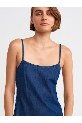Dilvin 90526 Askılı Koyu Renk Denim Elbise-Lacivert