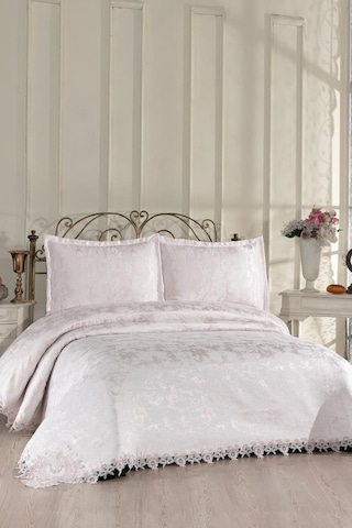 Çeyiz Diyarı Fransız Dantelli Alveria Çift Kişilik Yatak Örtüsü 230x250 Cm Krem