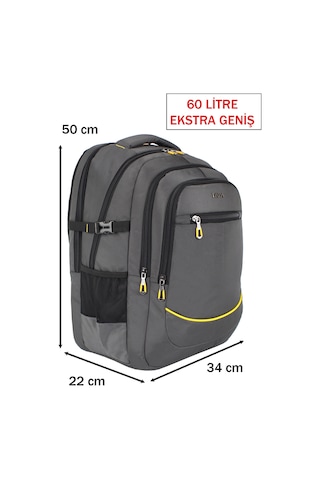 Dada 09 Gri Erkek Sırt Çantası 60 Litre Usb Type-c Aparat Ortopedik Sırt Askısı 15,6/17,3 İnç