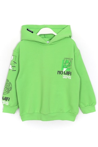 Ön Arka Baskılı Kapüşonlu Erkek Çocuk Mevsimlik Sweatshirt 1990 Yeşil
