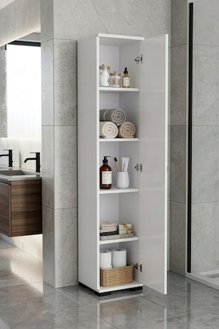 Banyo Dolabı Dar Boy Dolap Raflı Kapaklı Çok Amaçlı Organizer 5 Katlı 266 Beyaz