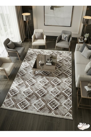 Konak Halı Modern Salon Halısı Kahve Krem Geometrik Kare Desenli Emboss Saçaklı Kahverengi