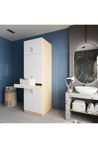 Piramit Çamaşır Ve Kurutma Makinesi Dolabı Banyo Dolabı Meşe Beyaz Beyaz - Meşe