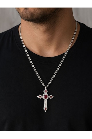 Unisex Gotik Haç Kolye Kırmızı Gri Gümüş Vintage Cross Kolye, Retro Zincir Kolye, Kadın Erkek Punk Kolye Çok Renkli