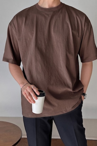 Genius Store Erkek Oversize Tişört Pamuk Kumaş Bisiklet Yaka Rahat Kalıp T-shirt Kahverengi