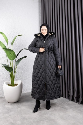 Harman Butik Kadın Uzun İçi Kürklü Kapişonlu Kapitone Mont Siyah Siyah