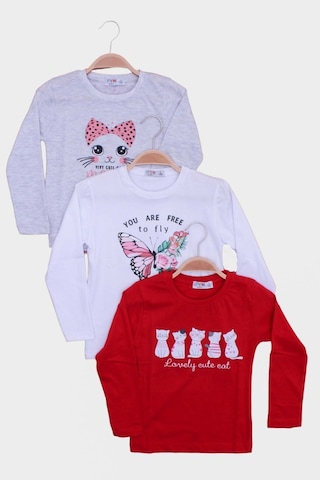 3'lü Cat Meow-free To Fly-lovely Cute Cat Baskılı Kız Çocuk Uzun Kol Kırmızı-beyaz-gri Sweatshirt Çok Renkli
