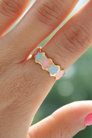 Niki Aksesuar Pembe-mavi Sıralı Yıldız Mineli Gold Yüzük - Ayarlamalı Pembe